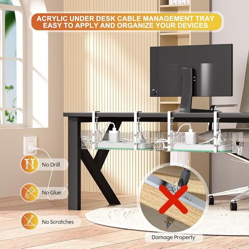 Under Desk Cable Management Tray Transparency Acrylic, No Drill Desk Cable Management with Clamp, Wire Management Cable Box, Cord Organizer, Under Desk Storage for Office, Home-1 Pack in Kuwait
