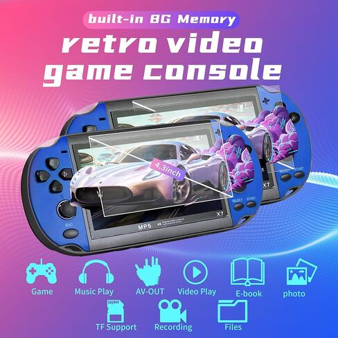 Handheld Game Consoles Double Rocker 8GB 4.3 Inch Screen 1000 Classic Game, Support Video & Music Playing, Built-in 3 Million megapixel Camera Birthday and New Year’s Best Gift for Kids (Blue) in Kuwait