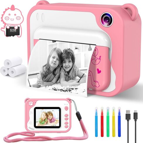Kids Camera, Dinosaur Kids Digital Camera, 1080P Toddler Camera Instant Print with 32G SD Card, Kids Toy Camera Childrens Video Camera, Birthday Gifts Portable Toy for 3-12 Year Old Girls Boys (Pink) in Saudi Arabia