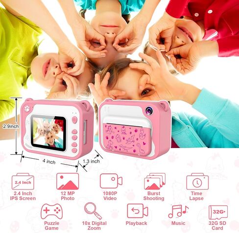 Kids Camera, Dinosaur Kids Digital Camera, 1080P Toddler Camera Instant Print with 32G SD Card, Kids Toy Camera Childrens Video Camera, Birthday Gifts Portable Toy for 3-12 Year Old Girls Boys (Pink) in Saudi Arabia