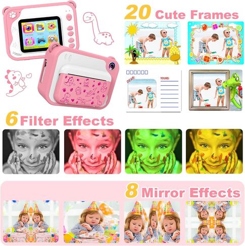 Kids Camera, Dinosaur Kids Digital Camera, 1080P Toddler Camera Instant Print with 32G SD Card, Kids Toy Camera Childrens Video Camera, Birthday Gifts Portable Toy for 3-12 Year Old Girls Boys (Pink) in Saudi Arabia