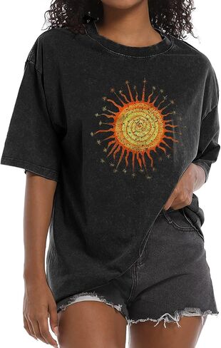 Vintage Oversized Sun Aesthetic Graphic Tees Distressed Band T Shirts for Women Boyfriend Baggy Casual Shirt Tops in Saudi Arabia