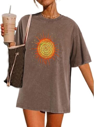 Vintage Oversized Sun Aesthetic Graphic Tees Distressed Band T Shirts for Women Boyfriend Baggy Casual Shirt Tops in Saudi Arabia