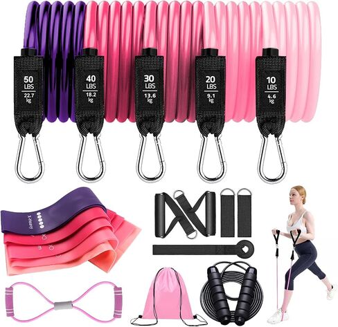 Zugoulook 18Pcs Resistance Bands Set for Women, 5 Stackable Exercise with Handles, Loop Bands, Jump Rope, Figure 8 Band, Ideal Home, Gym Fitness, Yoga, Full Body Workout in Saudi Arabia