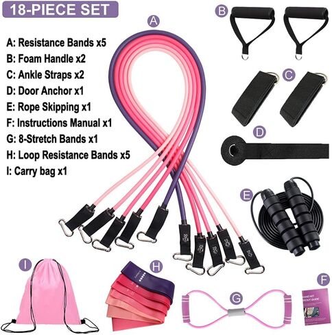 Zugoulook 18Pcs Resistance Bands Set for Women, 5 Stackable Exercise with Handles, Loop Bands, Jump Rope, Figure 8 Band, Ideal Home, Gym Fitness, Yoga, Full Body Workout in Saudi Arabia