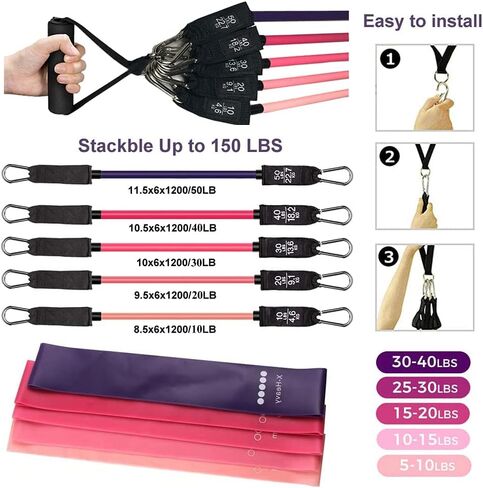 Zugoulook 18Pcs Resistance Bands Set for Women, 5 Stackable Exercise with Handles, Loop Bands, Jump Rope, Figure 8 Band, Ideal Home, Gym Fitness, Yoga, Full Body Workout in Saudi Arabia