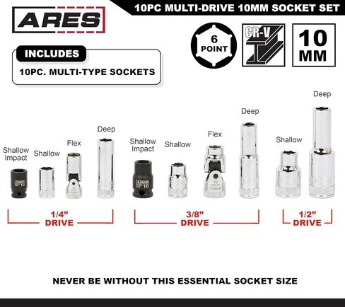 ARES 39017 – 10-Piece Multi-Drive 10mm Socket Set with Aluminum Rail – Premium Chrome Vanadium Socket Set Includes Shallow and Deep Metric Sockets on Aluminum Rail – High Visibility Size Markings in Kuwait