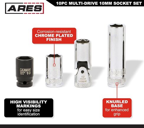 ARES 39017 – 10-Piece Multi-Drive 10mm Socket Set with Aluminum Rail – Premium Chrome Vanadium Socket Set Includes Shallow and Deep Metric Sockets on Aluminum Rail – High Visibility Size Markings in Kuwait