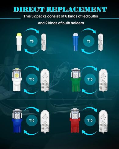 Alopee 52PCS LED Dash Lights and Socket Kits 194 168 T10 2721 74 T5 12V LED Replacement Bulb Sets for Gauge Cluster Panel Indicator Gear Shifter Light (with One Rectangular Storage Box) in Saudi Arabia