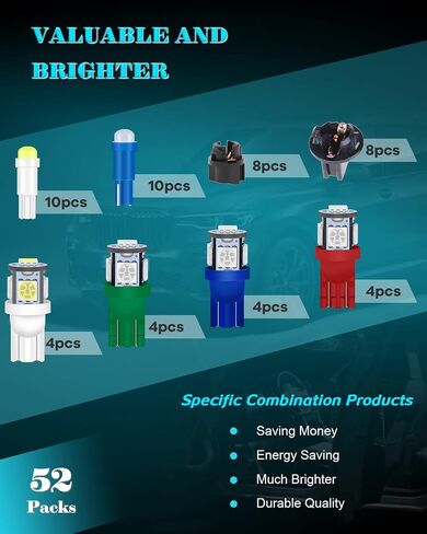 Alopee 52PCS LED Dash Lights and Socket Kits 194 168 T10 2721 74 T5 12V LED Replacement Bulb Sets for Gauge Cluster Panel Indicator Gear Shifter Light (with One Rectangular Storage Box) in Saudi Arabia