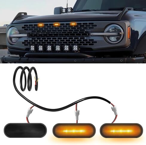 3-PCS LED Grill Lights for Ford Bronco 2021 2022 2023 2024 2/4-Door OEM Grille Lamps Kit Bronco Accessories fit Badlands Wildtrak & Everglades (Smoked Black) in Kuwait