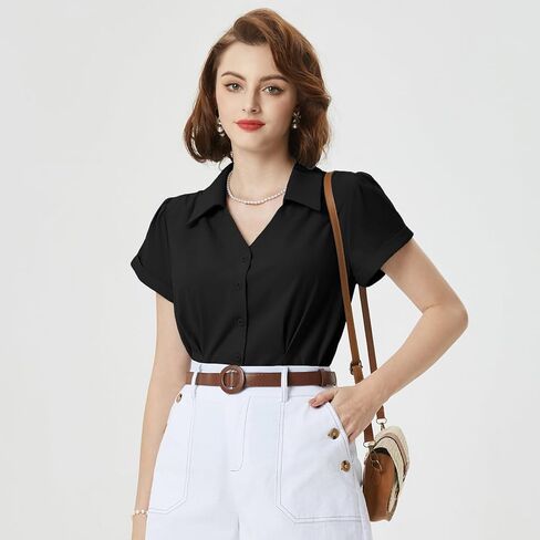 Belle Poque Women Short Sleeve Button Down Shirts Vintage Shirts Business Casual Dressy Blouse Tops in Kuwait