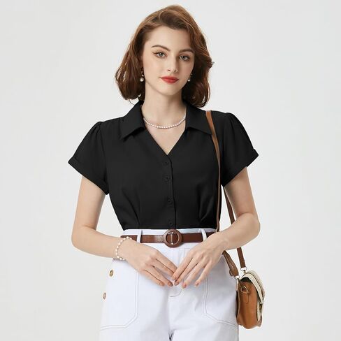 Belle Poque Women Short Sleeve Button Down Shirts Vintage Shirts Business Casual Dressy Blouse Tops in Kuwait