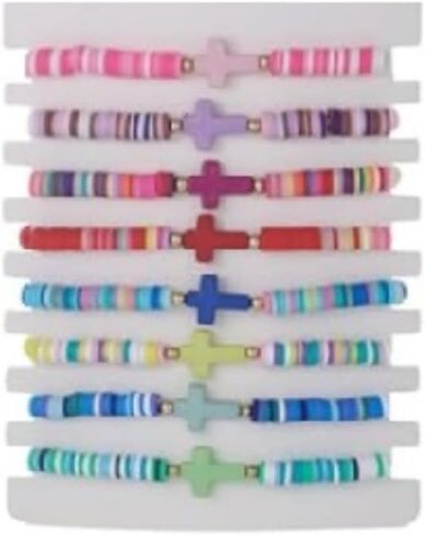 8Pcs Cross Bracelets Bohemian Rainbow Polymer Clay Cross Stretch Bracelets Colorful Stackable Cross Beads Elastic Bracelet for Women Girls Summer Beach Friendship Jewelry Gifts in Saudi Arabia