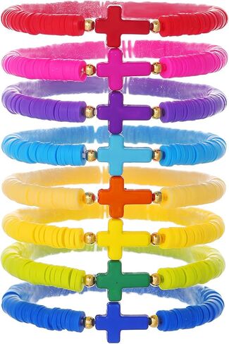 8Pcs Cross Bracelets Bohemian Rainbow Polymer Clay Cross Stretch Bracelets Colorful Stackable Cross Beads Elastic Bracelet for Women Girls Summer Beach Friendship Jewelry Gifts in Saudi Arabia