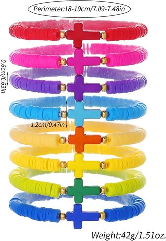 8Pcs Cross Bracelets Bohemian Rainbow Polymer Clay Cross Stretch Bracelets Colorful Stackable Cross Beads Elastic Bracelet for Women Girls Summer Beach Friendship Jewelry Gifts in Saudi Arabia
