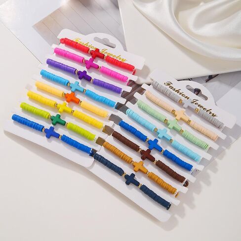 8Pcs Cross Bracelets Bohemian Rainbow Polymer Clay Cross Stretch Bracelets Colorful Stackable Cross Beads Elastic Bracelet for Women Girls Summer Beach Friendship Jewelry Gifts in Saudi Arabia