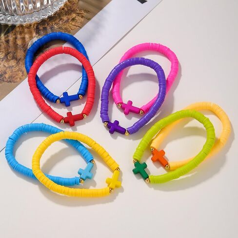 8Pcs Cross Bracelets Bohemian Rainbow Polymer Clay Cross Stretch Bracelets Colorful Stackable Cross Beads Elastic Bracelet for Women Girls Summer Beach Friendship Jewelry Gifts in Saudi Arabia