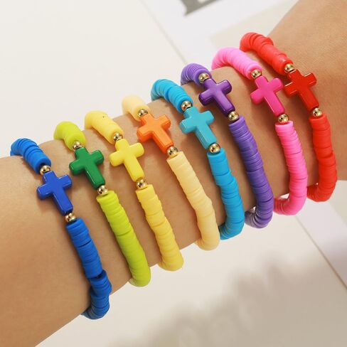 8Pcs Cross Bracelets Bohemian Rainbow Polymer Clay Cross Stretch Bracelets Colorful Stackable Cross Beads Elastic Bracelet for Women Girls Summer Beach Friendship Jewelry Gifts in Saudi Arabia