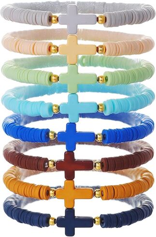 8Pcs Cross Bracelets Bohemian Rainbow Polymer Clay Cross Stretch Bracelets Colorful Stackable Cross Beads Elastic Bracelet for Women Girls Summer Beach Friendship Jewelry Gifts in Saudi Arabia