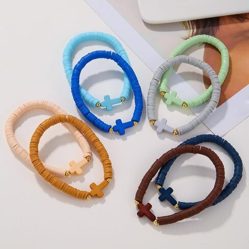 8Pcs Cross Bracelets Bohemian Rainbow Polymer Clay Cross Stretch Bracelets Colorful Stackable Cross Beads Elastic Bracelet for Women Girls Summer Beach Friendship Jewelry Gifts in Saudi Arabia