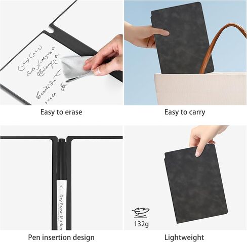 Marte Vanci Whiteboard Notebook Reusable Dry Erase Whiteboard with Pen and Wiping Cloth A5 Portable Dry Erase Pad with PU Cover White Board for Notes Lists Memo Message Presentation (Black) in Saudi Arabia
