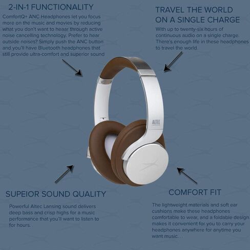 Altec Lansing Comfort Q+ Bluetooth Headphones, Active Noise Cancellation, Comfortable, Quite, Noise Cancelling Headphone, Up to 26 Hours of Playtime, 30 Ft. Wireless Range, White/Cream in Saudi Arabia