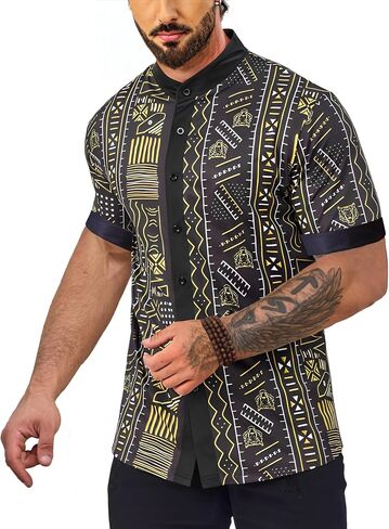 Men's African Traditional Pattern Print Shirt Casual Short Sleeve Button Down Shirts Luxury Printed Dashiki for Men in Saudi Arabia