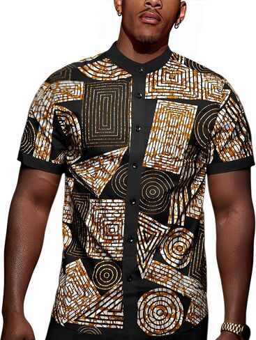 Men's African Traditional Pattern Print Shirt Casual Short Sleeve Button Down Shirts Luxury Printed Dashiki for Men in Saudi Arabia