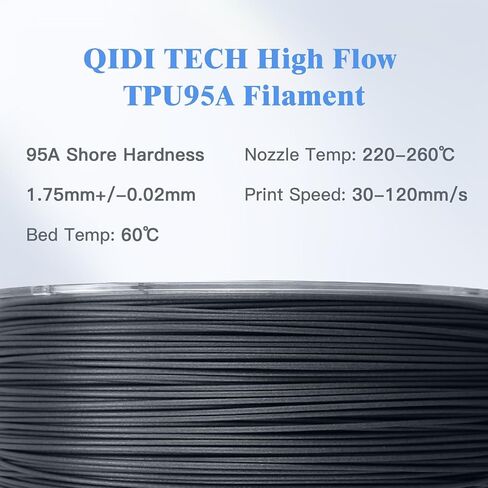 R QIDI TECHNOLOGY TPU 95A خيوط عالية التدفق 1.75 مم، TPU95A-HF خيوط طابعة ثلاثية الأبعاد مرنة تناسب معظم طابعات FDM ثلاثية الأبعاد، مرونة عالية، مناسبة للطباعة عالية السرعة، بكرة 1 كجم، أسود in Kuwait