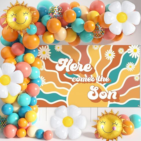 Here Comes The Son Baby Shower Decorations, 80pcs Boho Retro Sun Balloon Garland Arch Kit, Here Comes the Sun Backdrop Sun Foil Balloons Daisy Balloons for Boy Sunshine(Son-Balloon-02) in Saudi Arabia