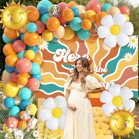 Here Comes The Son Baby Shower Decorations, 80pcs Boho Retro Sun Balloon Garland Arch Kit, Here Comes the Sun Backdrop Sun Foil Balloons Daisy Balloons for Boy Sunshine(Son-Balloon-02) in Saudi Arabia