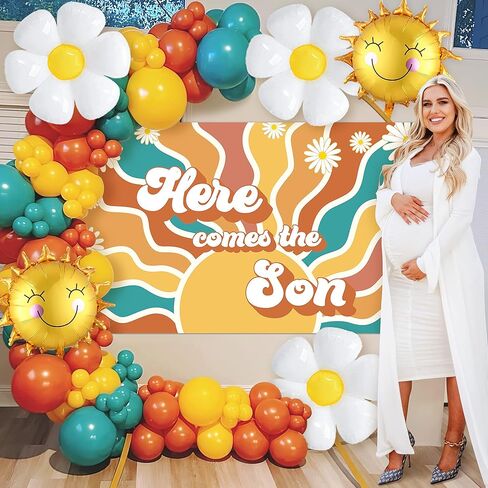 Here Comes The Son Baby Shower Decorations, 80pcs Boho Retro Sun Balloon Garland Arch Kit, Here Comes the Sun Backdrop Sun Foil Balloons Daisy Balloons for Boy Sunshine(Son-Balloon-02) in Saudi Arabia