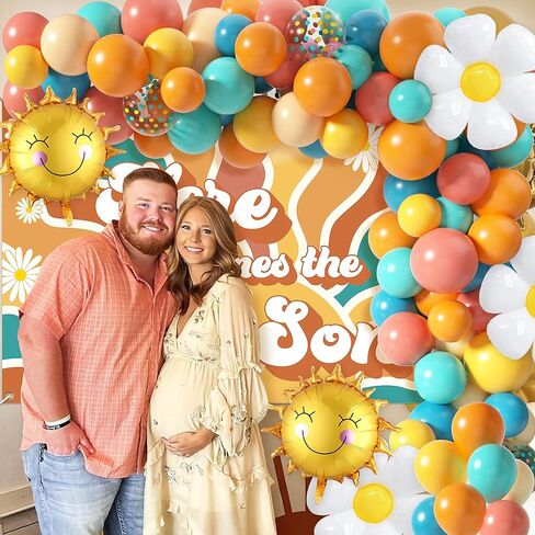 Here Comes The Son Baby Shower Decorations, 80pcs Boho Retro Sun Balloon Garland Arch Kit, Here Comes the Sun Backdrop Sun Foil Balloons Daisy Balloons for Boy Sunshine(Son-Balloon-02) in Saudi Arabia