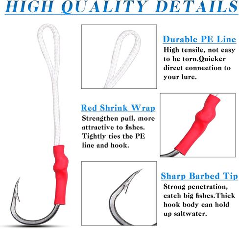 Fishing Assist Hooks with PE Line, Saltwater Jig Fishing Hooks Stainless Steel Jigging Assist Hooks Slow Pitch Jig Hooks for Trolling 25pcs in Saudi Arabia