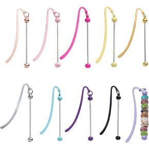 10 Pieces DIY Beadable Bookmarks Bulk, Metal Beadable Bookmarks Pendant Bar, Custom Book Charms Stainless Steel Chains, Craft Beaded Book Lanyards Chains for Students Teachers (Feather)