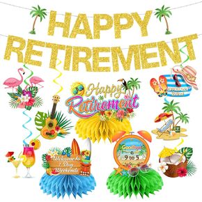 ديكورات حفلات التقاعد على الشاطئ، ديكورات حفلات التقاعد من Aloha تتضمن لافتة تقاعد سعيد، زخارف حفلات التقاعد الاستوائية في هاواي، دوامات معلقة وقطع مركزية على شكل قرص العسل in Kuwait