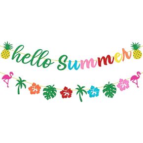 Tropical Summer Decorations, Hawaiian Luau Themed Hello Summer Banner, Colorful Tropical Hello Summer Garland for Hawaiian Luau Party Pineapple Palm Leaves Party Decorations