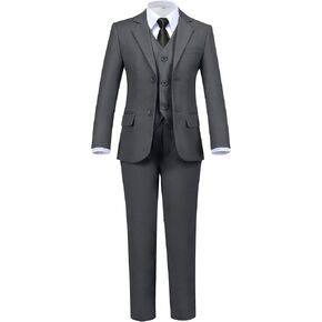 Boys' 5 Piece Formal Suit Set with Suit Jacket, Vest, Pants, Collared Dress Shirt, and Tie