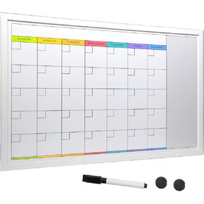Excello Global Products Magnetic Dry Erase Calendar Whiteboard: Large 20"x30" Weekly Monthly Format Reminder Note Section Planner Erasable Wall Mounted Office School White Board
