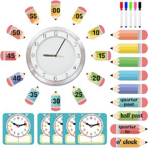 Yeaqee 31 Pcs Telling Time Bulletin Board Analog Clock Practice Writable Dry Erase Demonstration Teaching Time Practice Clock with Dry Erase Pens for Home School Classroom Supplies