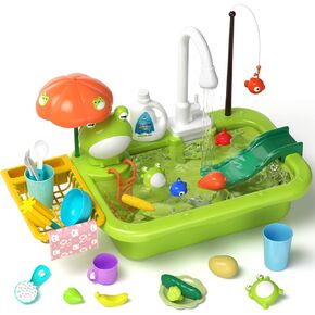 Play Sink with Running Water, Toddler Kitchen Sink Toys with Electric Faucet, Play Kitchen Accessories, Floating Fishing Game, Dishwasher Water Play Toys for Kids Toddlers Boy Girl Gift