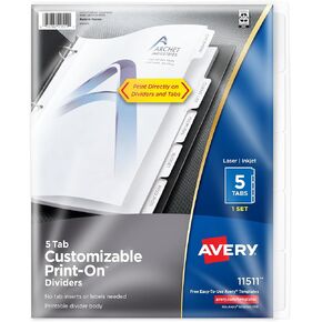 Avery Customizable Print-On Dividers for 3 Ring Binders, 5-Tab Set (11511)