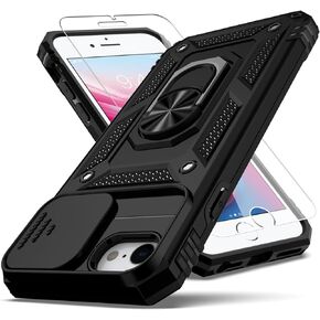 حافظة لهاتف iPhone SE 2022/3rd/2020/2nd gen، حافظة iPhone 8/7، مع غطاء عدسة الكاميرا وواقي شاشة HD، [درجة عسكرية] حافظة واقية مضادة للصدمات ومسند تثبيت على السيارة لهاتف iPhone 8، أسود