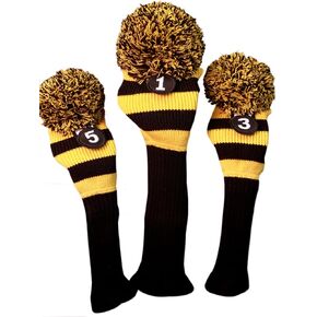 Majek Golf Club Head Covers Black and Yellow Limited Edition Throwback Long Neck Knit Retro Pom Pom Traditional Classic Vintage Old School Ultimate 460cc Driver Fairway Wood Golf Head Cover Stripe Set