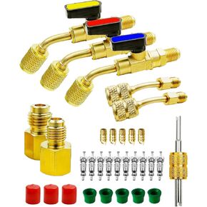 Air Conditioner Refrigerant Angled Compact Ball Valve for R410A R134A R12 R22 HVAC, Low Loss Fittings Kit, Vacuum Pump Adapter & Hose Seal and Gaskets & Valve Core and Remover for Mini Split System