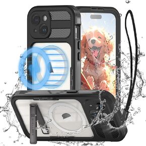for iPhone 15 Case, IP68 Full-Body Rugged Waterproof Shockproof Protective Cover, Built-in 6H Screen Protector Compatible with Support MagSafe Magnetic Wireless Charging Black