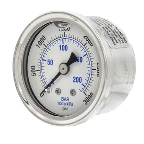 2 Pack of Liquid Filled Center Back Mount Pressure Gauge with 1.5" Dial, 0-3000 PSI, 1/8" Male NPT Connection, Stainless Steel CASE and Bezel (2)