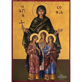 Wooden Greek Orthodox Christian Icon Martys Saint Sophia and Children Saints Faith, Hope, Love (4.5" x 6.5")
