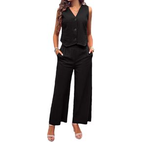 ملابس نسائية صيفية من الكتان من Zontroldy مكونة من قطعتين سترة بأزرار سفلية وسراويل طويلة مع جيوب (1232-أسود-L) in Kuwait